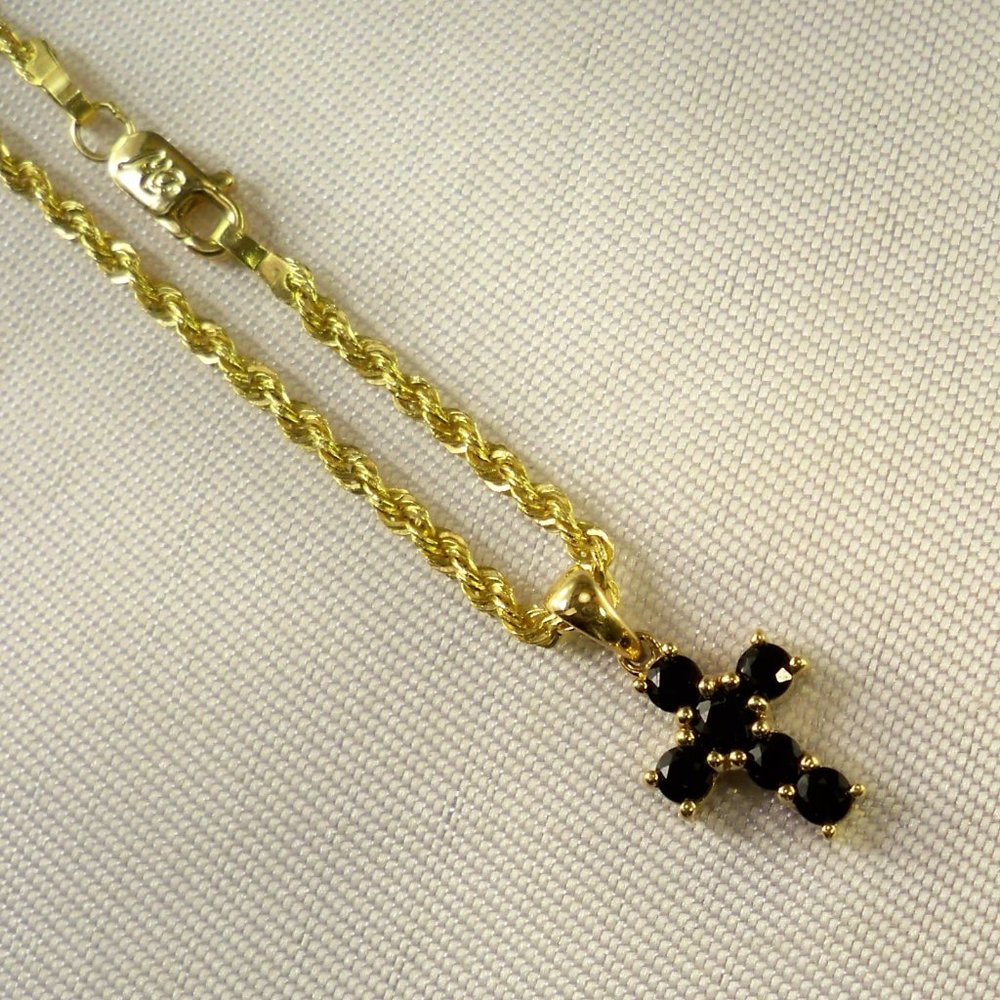 New 14K Gold Cross Charm Deep Blue Sapphires, 14K Gold Rope Bracelet